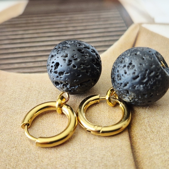 18k Gold Plated Hoop Earrings Black Lava Rock Beads Artisan Made - Picture 7 of 8